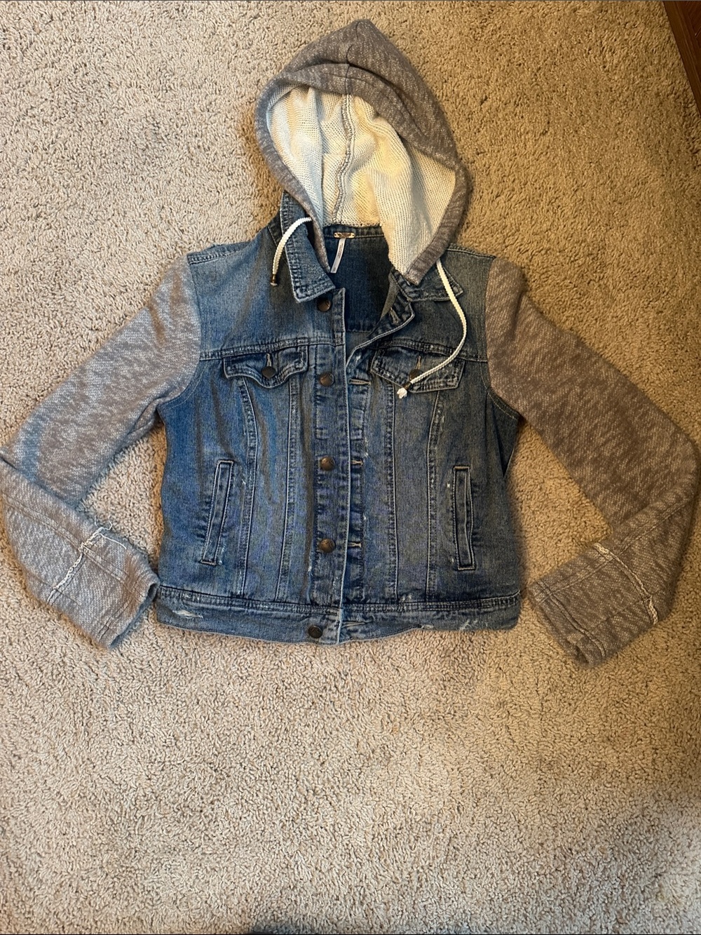 Free People Hooded Denim Jacket with Knit Sleeves - Blue/Grey - Women’s Small
